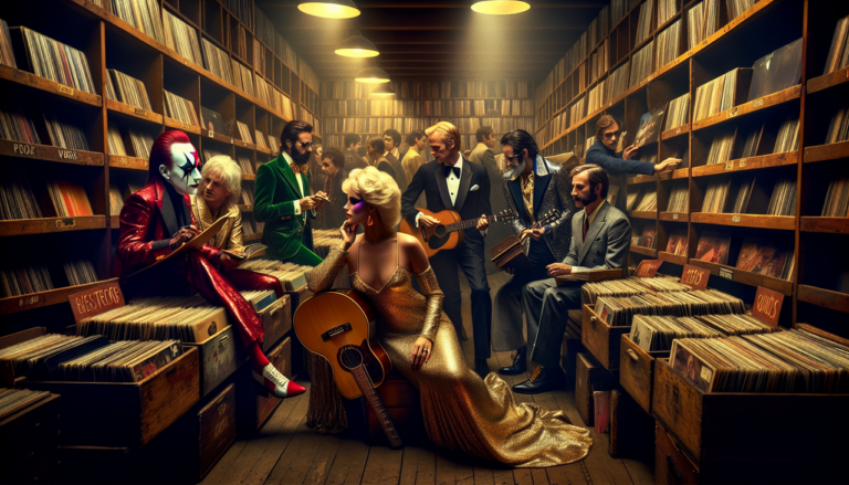 Chanteur en B dans un magasin de vinyles vintage avec David Bowie, Beyoncé et The Beatles.