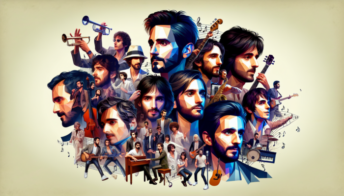 Chanteur en K sur fond musical, collage artistique de Kyo, Kool Shen, Kendji Girac.