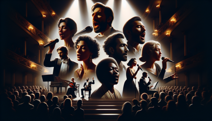 Chanteur en R dans un collage de chanteurs français, ambiance musicale en concert.
