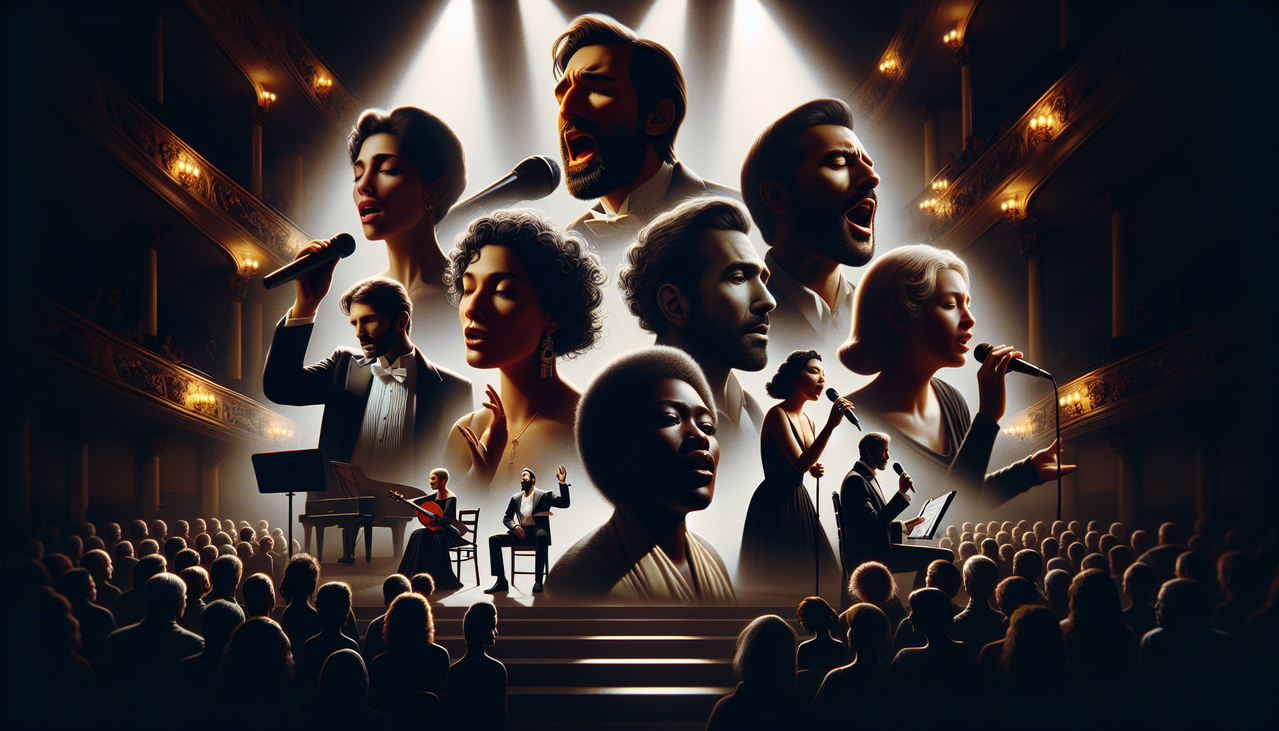 Chanteur en R dans un collage de chanteurs français, ambiance musicale en concert.