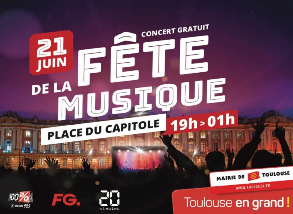 Scène animée en plein air pour un concert gratuit à Toulouse lors de la fête de la musique