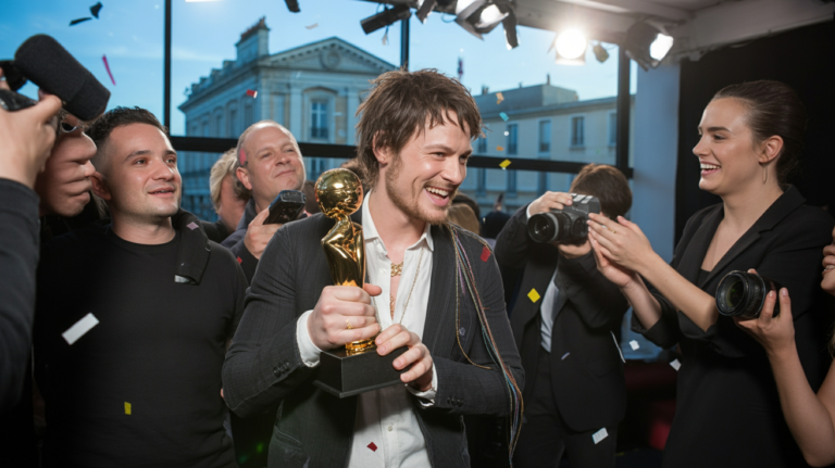 Artiste célébrant sa victoire après une cérémonie musicale réaliste avec trophée doré et ambiance festive authentique.